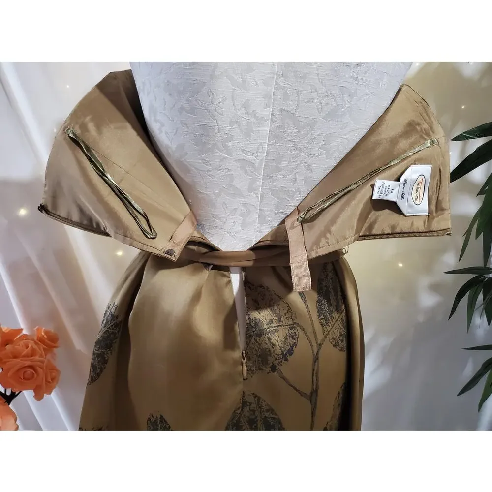 Talbots Vtg 100% Silk Leaf Tie Waist Strapless Dress Womens Size 10 Gold Beige